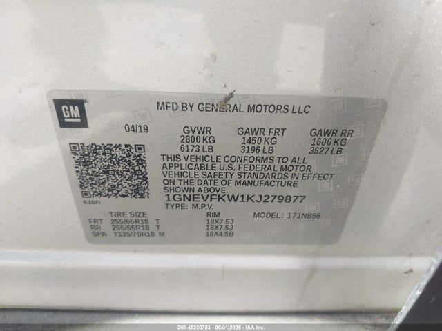 45230703 :رقم المزاد ، 1GNEVFKW1KJ279877 vin ، 2019 Chevrolet Traverse Ls مزاد بيع