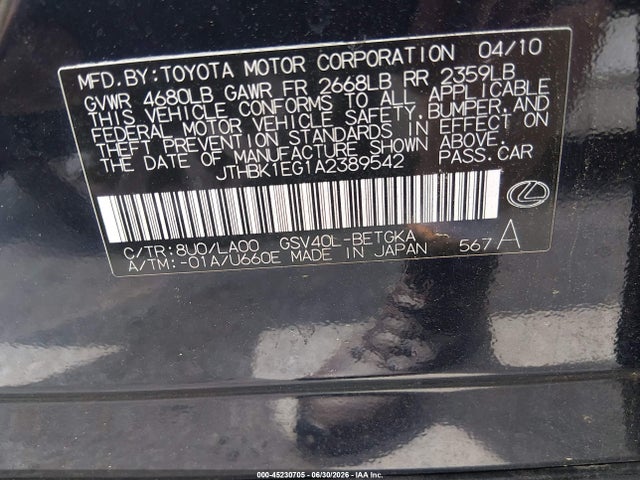 45230705 :رقم المزاد ، JTHBK1EG1A2389542 vin ، 2010 Lexus Es 350 مزاد بيع