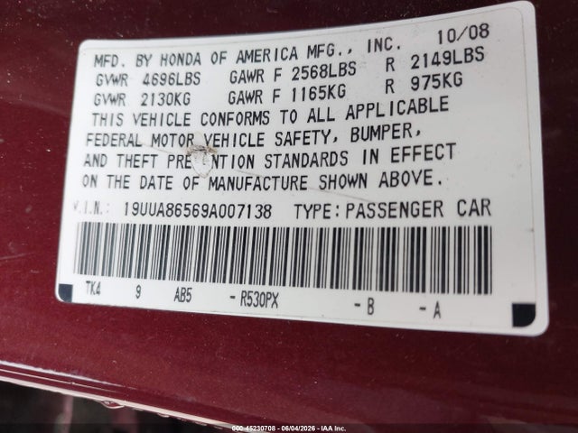 Aukcja sprzedaży 2009 Acura Tl 3.5, vin: 19UUA86569A007138, numer aukcji: 45230708