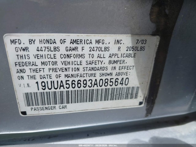 Aukcja sprzedaży 2003 Acura Tl 3.2, vin: 19UUA56693A085640, numer aukcji: 45230711