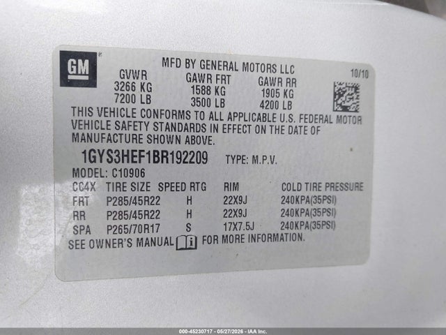 45230717 :رقم المزاد ، 1GYS3HEF1BR192209 vin ، 2011 Cadillac Escalade Esv Luxury مزاد بيع