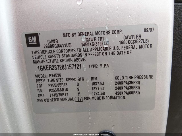 Aukcja sprzedaży 2008 Gmc Acadia Slt-1, vin: 1GKER23728J157121, numer aukcji: 45230759