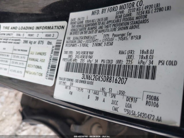 45230765 :رقم المزاد ، 3LN6L2GK5DR816207 vin ، 2013 Lincoln Mkz مزاد بيع