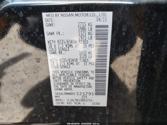 Aukcja sprzedaży 2015 Infiniti Qx60, vin: 5N1AL0MN8FC525795, numer aukcji: 45230780