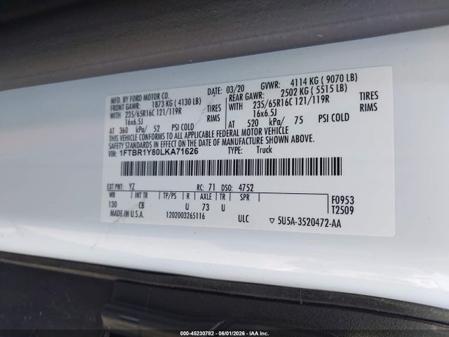 Aukcja sprzedaży 2020 Ford Transit-250, vin: 1FTBR1Y80LKA71626, numer aukcji: 45230782