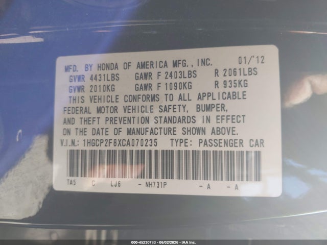 45230783 :رقم المزاد ، 1HGCP2F8XCA070235 vin ، 2012 Honda Accord 2.4 Ex-l مزاد بيع