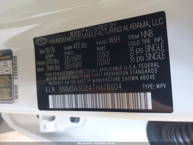 2026 Hyundai Tucson Se მანქანა იყიდება აუქციონზე, vin: 5NMJA3DE4TH678604, აუქციონის ნომერი: 45230784