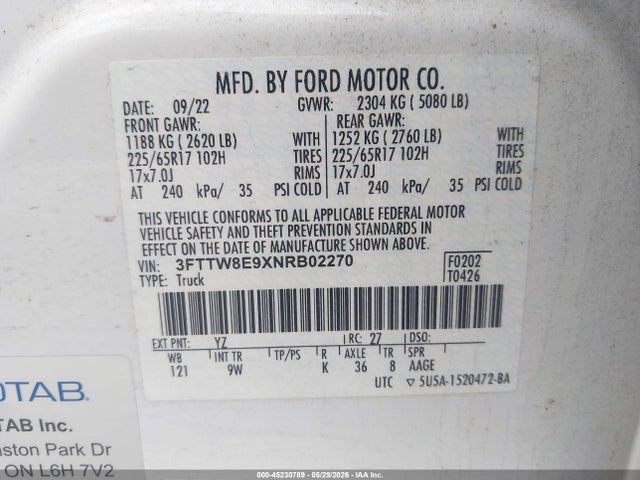 Aukcja sprzedaży 2022 Ford Maverick Xl, vin: 3FTTW8E9XNRB02270, numer aukcji: 45230789