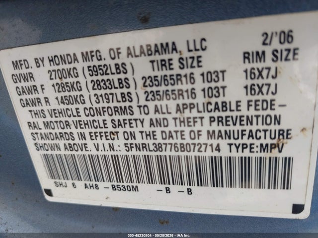 Продажа на аукционе авто 2006 Honda Odyssey Ex-l, vin: 5FNRL38776B072714, номер лота: 45230804