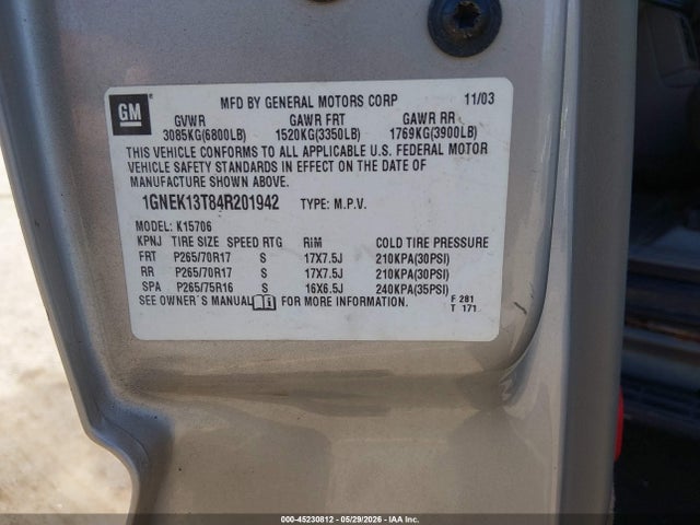 45230812 :رقم المزاد ، 1GNEK13T84R201942 vin ، 2004 Chevrolet Tahoe Z71 مزاد بيع