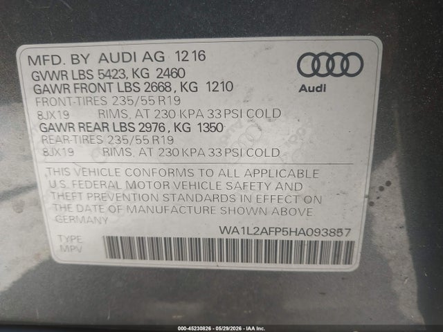 Продажа на аукционе авто 2017 Audi Q5 2.0t Premium, vin: WA1L2AFP5HA093857, номер лота: 45230826