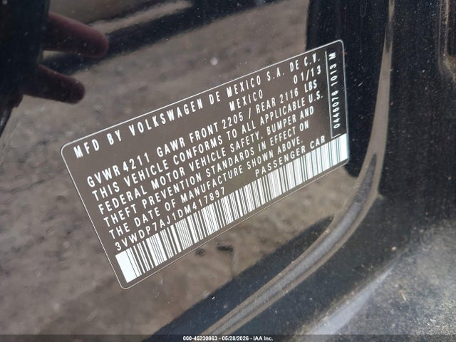 45230863 :رقم المزاد ، 3VWDP7AJ1DM417897 vin ، 2013 Volkswagen Jetta 2.5l Se مزاد بيع