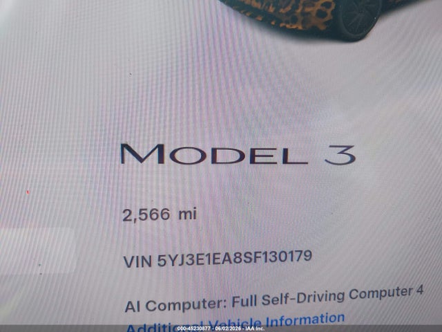 2025 Tesla Model 3 Long Range Rear-wheel Drive/standard Rear-wheel Drive მანქანა იყიდება აუქციონზე, vin: 5YJ3E1EA8SF130179, აუქციონის ნომერი: 45230877
