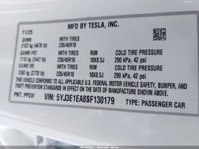 2025 Tesla Model 3 Long Range Rear-wheel Drive/standard Rear-wheel Drive მანქანა იყიდება აუქციონზე, vin: 5YJ3E1EA8SF130179, აუქციონის ნომერი: 45230877