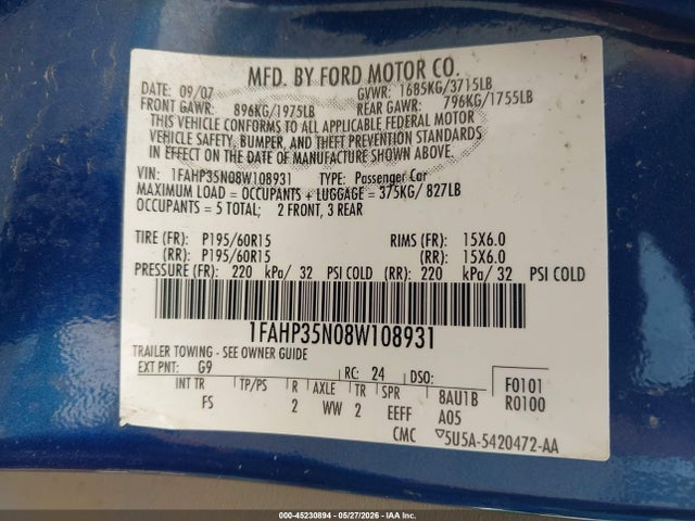 45230894 :رقم المزاد ، 1FAHP35N08W108931 vin ، 2008 Ford Focus Se/ses مزاد بيع