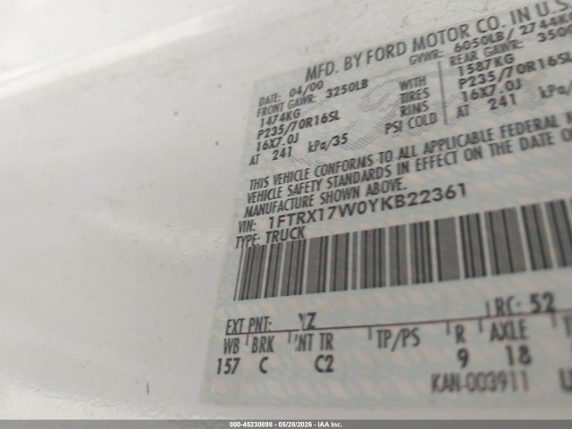 Продаж на аукціоні авто 2000 Ford F-150 Lariat/work Series/xl/xlt, vin: 1FTRX17W0YKB22361, номер лоту: 45230898