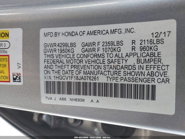 Продажа на аукционе авто 2018 Honda Accord Lx, vin: 1HGCV1F18JA076261, номер лота: 45230900