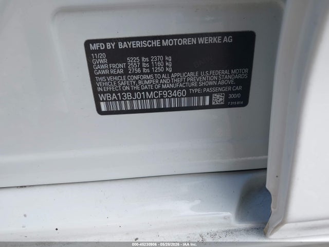 45230906 :رقم المزاد ، WBA13BJ01MCF93460 vin ، 2021 Bmw 530i Xdrive مزاد بيع