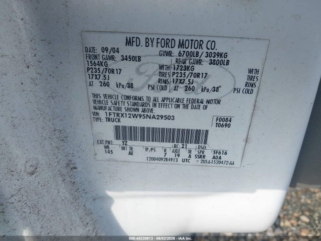 45230913 :رقم المزاد ، 1FTRX12W95NA29503 vin ، 2005 Ford F-150 Stx/xl/xlt مزاد بيع