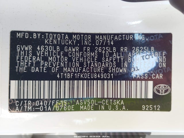 45230914 :رقم المزاد ، 4T1BF1FK0EU849031 vin ، 2014 Toyota Camry Se مزاد بيع