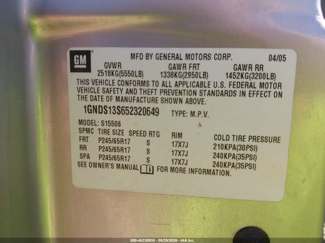 Продаж на аукціоні авто 2005 Chevrolet Trailblazer Lt, vin: 1GNDS13S652320649, номер лоту: 45230938