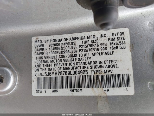 45230945 :رقم المزاد ، 5J6YH28769L004925 vin ، 2009 Honda Element Ex مزاد بيع