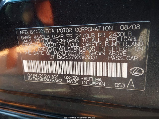 Продаж на аукціоні авто 2009 Lexus Is 250, vin: JTHBK262792083031, номер лоту: 45230952
