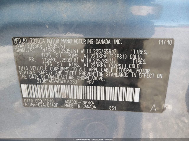 Aukcja sprzedaży 2011 Toyota Rav4, vin: 2T3BF4DV4BW104283, numer aukcji: 45230982