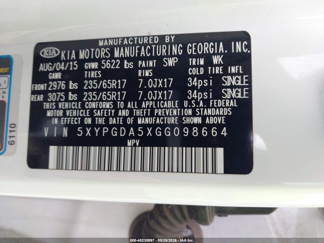 2016 Kia Sorento 3.3l Lx მანქანა იყიდება აუქციონზე, vin: 5XYPGDA5XGG098664, აუქციონის ნომერი: 45230997