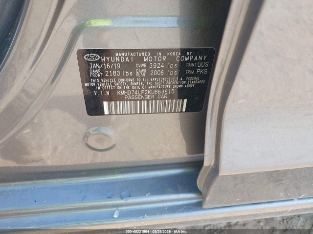 45231004 :رقم المزاد ، KMHD74LF2KU863815 vin ، 2019 Hyundai Elantra Se مزاد بيع