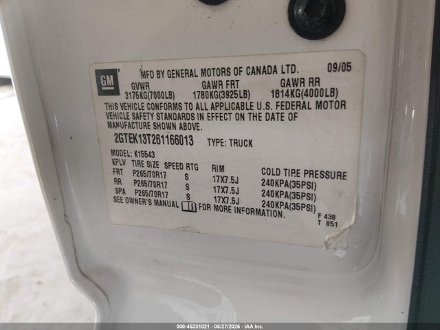 45231021 :رقم المزاد ، 2GTEK13T261166013 vin ، 2006 Gmc Sierra 1500 Sle2 مزاد بيع