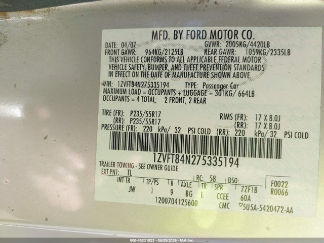 2007 Ford Mustang მანქანა იყიდება აუქციონზე, vin: 1ZVFT84N275335194, აუქციონის ნომერი: 45231023