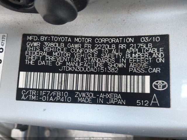 2010 Toyota Prius Iii მანქანა იყიდება აუქციონზე, vin: JTDKN3DU0A0151382, აუქციონის ნომერი: 45231033