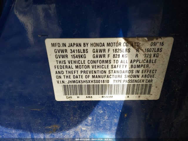 Aukcja sprzedaży 2017 Honda Fit Lx, vin: JHMGK5H5XHS001810, numer aukcji: 45231048