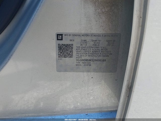 45231067 :رقم المزاد ، 3G1BE6SM3JS655169 vin ، 2018 Chevrolet Cruze Lt Auto مزاد بيع