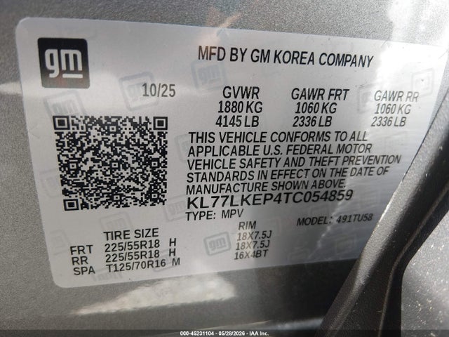45231104 :رقم المزاد ، KL77LKEP4TC054859 vin ، 2026 Chevrolet Trax Fwd Activ مزاد بيع