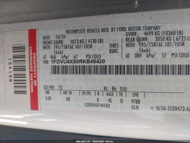 Auction sale of the 2024 Ford Transit-350 Passenger Van Xl, vin: 1FDVU4X80RKB48420, lot number: 45231107