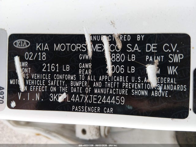 2018 Kia Forte Lx მანქანა იყიდება აუქციონზე, vin: 3KPFL4A7XJE244459, აუქციონის ნომერი: 45231109