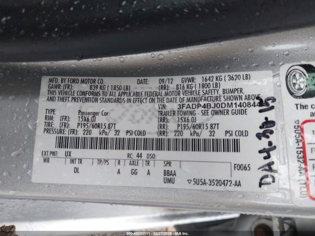 Aukcja sprzedaży 2013 Ford Fiesta Se, vin: 3FADP4BJ0DM140844, numer aukcji: 45231111