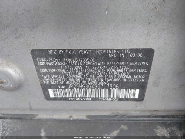 2009 Subaru Forester 2.5x მანქანა იყიდება აუქციონზე, vin: JF2SH636X9G717306, აუქციონის ნომერი: 45231127