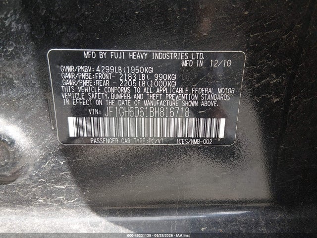 Aukcja sprzedaży 2011 Subaru Impreza Outback Sport, vin: JF1GH6D61BH816718, numer aukcji: 45231135