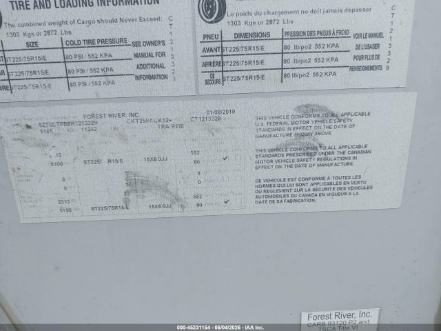 Aukcja sprzedaży 2019 Forest River Other, vin: 5ZT2CTPB8K1213329, numer aukcji: 45231154