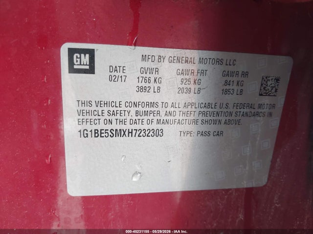 1G1BE5SMXH7232303 Chevrolet Cruze Lt Auto