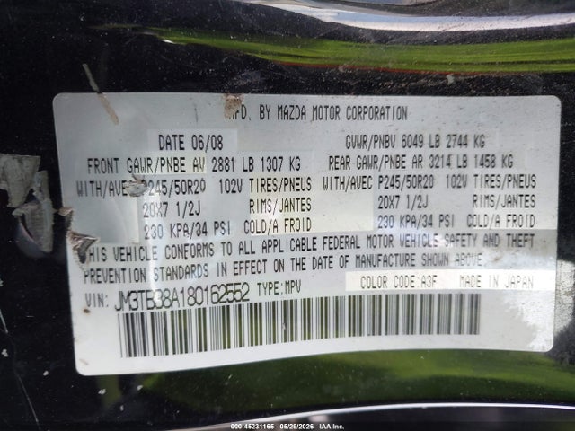 2008 Mazda Cx-9 Grand Touring მანქანა იყიდება აუქციონზე, vin: JM3TB38A180162552, აუქციონის ნომერი: 45231165