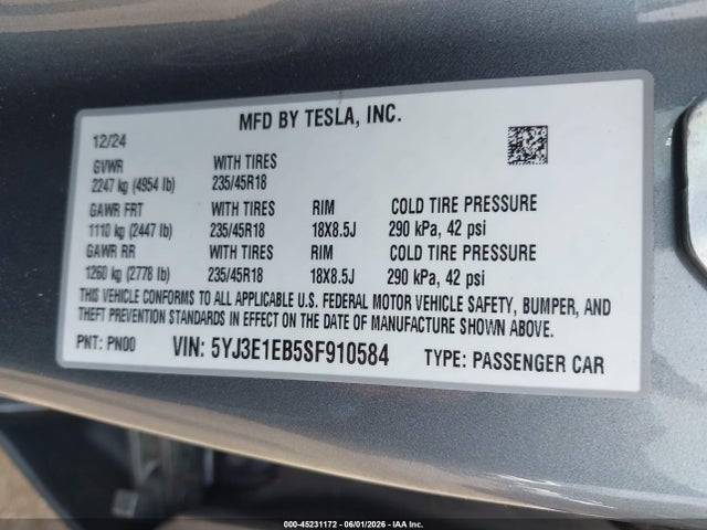 Tesla Model 3 Long Range All-wheel Drive 2025 5YJ3E1EB5SF910584 Image 9