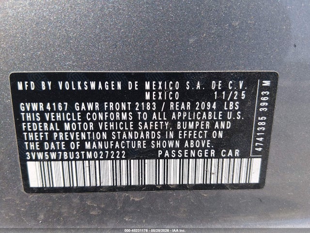 45231176 :رقم المزاد ، 3VW5W7BU3TM027222 vin ، 2026 Volkswagen Jetta S مزاد بيع
