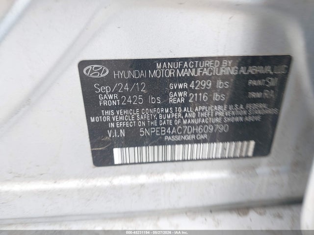 Aukcja sprzedaży 2013 Hyundai Sonata Gls, vin: 5NPEB4AC7DH609790, numer aukcji: 45231194