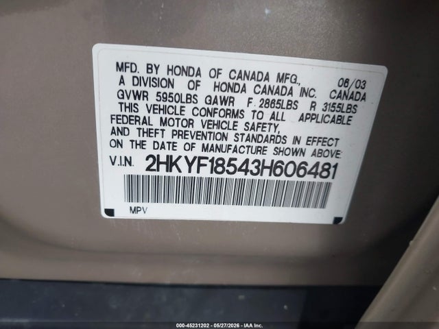 45231202 :رقم المزاد ، 2HKYF18543H606481 vin ، 2003 Honda Pilot Ex-l مزاد بيع