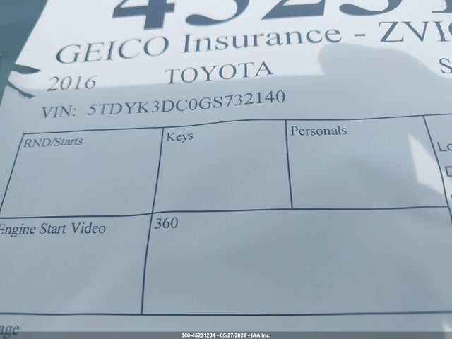 Продажа на аукционе авто 2016 Toyota Sienna Xle 8 Passenger, vin: 5TDYK3DC0GS732140, номер лота: 45231204