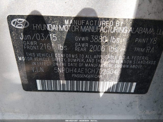 2016 Hyundai Elantra Se მანქანა იყიდება აუქციონზე, vin: 5NPDH4AE1GH702904, აუქციონის ნომერი: 45231207